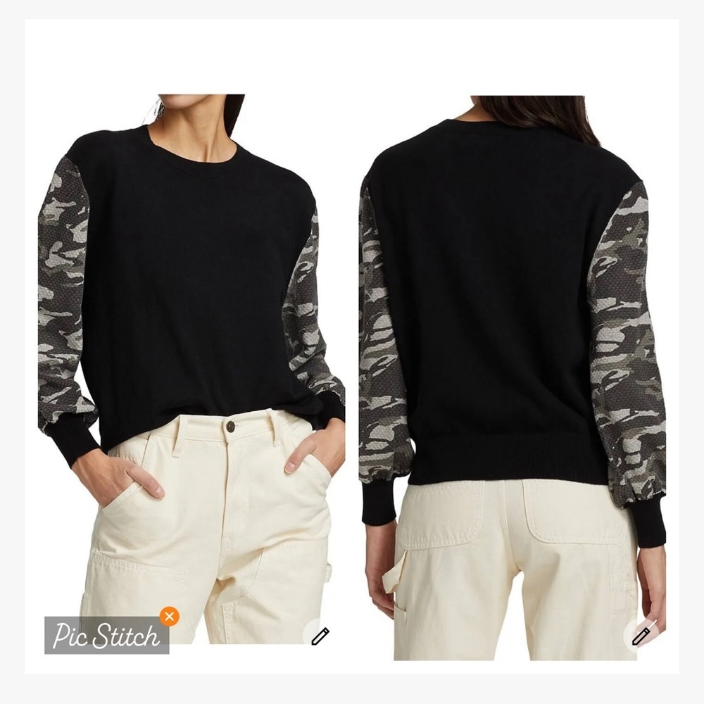 Monrow Camo Contrast Sleeve Pullover Crewneck Sweater